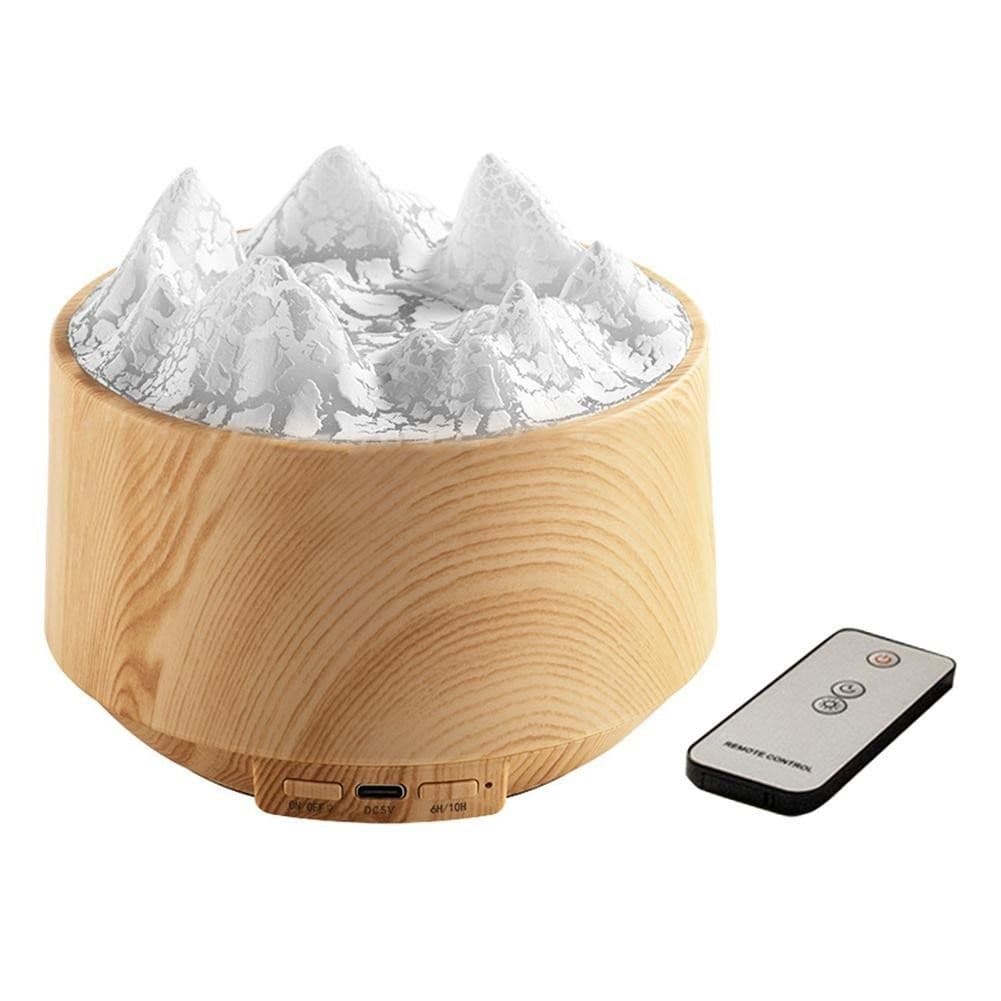 Difuzor Aromaterapie cu Efect Flacara Munte, Umidificator LED 300ml cu Telecomanda, Lemn Deschis