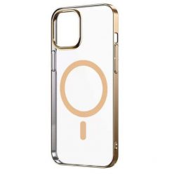   Husa Apple iPhone 15 Plus, Electroplated Magsafe TPU, transparenta cu marginii aurii