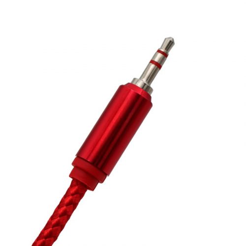 Cablu audio auxiliar / AUX / jack 3.5 mm, 2 metri, material textil impletit, capete metalice, rosu