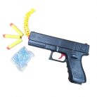 Pistol de jucarie tip Glock 18, incarcare manuala, 18 cm, 3 gloante moi din spuma cu ventuza, bile de gel orbeez si bile flexibile de silicon, negru lucios