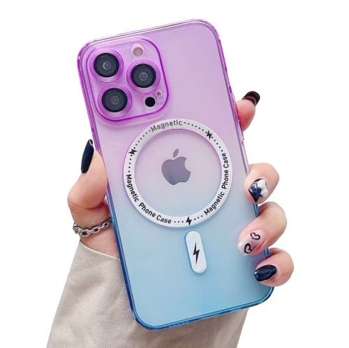 Husa Apple iPhone 14 Pro, Magsafe Gradient TPU, geam protectie camere, albastru/mov