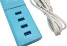 Incarcator casa U4, 4 porturi USB 5V - 2.4A, cablu prelungitor 1 metru, albastru deschis