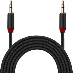   Cablu audio auxiliar / AUX / jack 3.5 mm, 2 metri, material textil impletit, capete metalice, negru