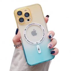   Husa Apple iPhone 14, Magsafe Gradient TPU, geam protectie camere, albastru/portocaliu