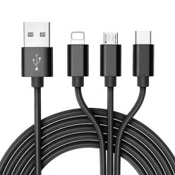   Cablu de incarcare cu 3 capete (Lightning, Type-C, MicroUSB), 1.2 metri, 2A, capete metalice, cablu impletit, negru