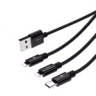 Cablu de incarcare cu 3 capete (Lightning, Type-C, MicroUSB), 1.2 metri, 2A, capete metalice, cablu impletit, negru