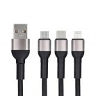 Cablu de date si incarcare Bluestar, 3 capete (Lightning, Type-C, MicroUSB), 1.2 metri, cablu impletit, 3A, negru