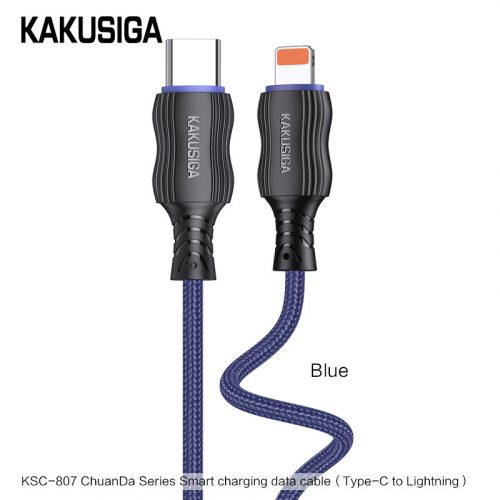 Cablu de date si incarcare Type-C/PD to Lightning (iPhone) Kakusiga KSC-807, 2.4A, 1 metru, negru/albastru