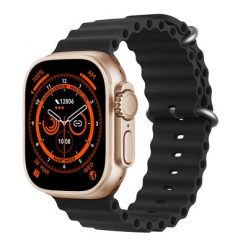   Ceas smartwatch Series 8 Ultra, Bluetooth 5.0, incarcare wireless, monitorizare puls, aplicatii sport, auriu cu curea neagra