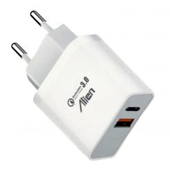   Incarcator casa Alien, Type-C PD 5V/3A - 9V 2.2A + USB 2.1A, Quick Charge 3.0, alb