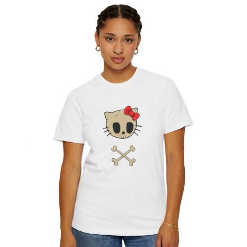 Tricou personalizat alb, copii/adulti, design Kitty Skull, modal, diverse marimi