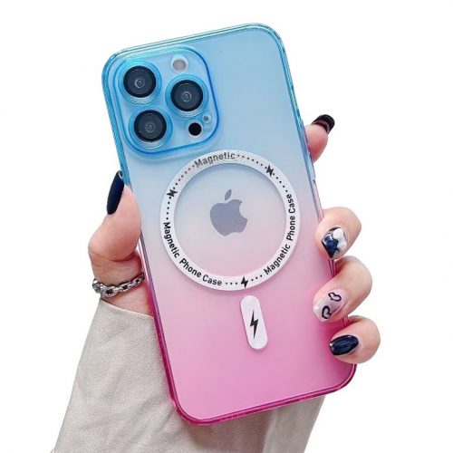 Husa Apple iPhone 14 Pro, Magsafe Gradient TPU, geam protectie camere, roz/albastru