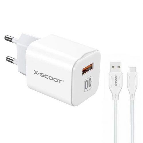 Incarcator casa X-SCOOT CH-233, cablu Type C inclus, port USB 20W, QC 3.0, incarcare rapida, alb