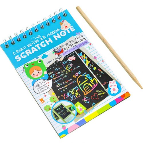 Caiet cu fise razuibile DIY Magic Scratch, 12 File, 14 x 10 cm, curcubeu, creion lemn, cartonase negre, Baby Blue