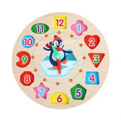   Jucarie educativa tip Montessori, ceas din lemn, model pinguin, 12 piese, multicolor