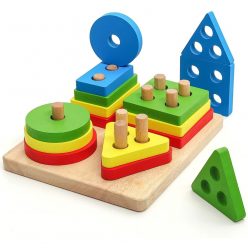   Jucarie Educativa tip Montessori, din lemn, + 36 Luni, forme geometrice, 16 piese, 12 x 12 cm, multicolor