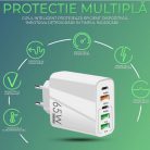 Incarcator priza 65W Fast Charge, 5 porturi, 3 x USB, 2 x Type-C, alb