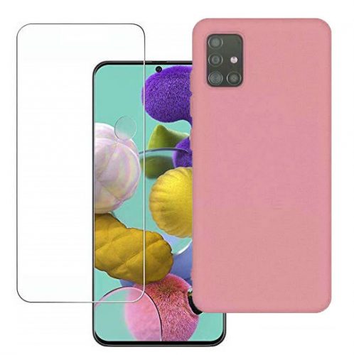 Set folie si husa Samsung Galaxy A51, sticla transparenta si Matt TPU, roz