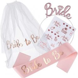   Set de accesorii pentru mireasa, coronita, panglica, stickere, voal, model Bride To Be, tematica nunta, alb/roz