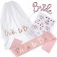 Set de accesorii pentru mireasa, coronita, panglica, stickere, voal, model Bride To Be, tematica nunta, alb/roz