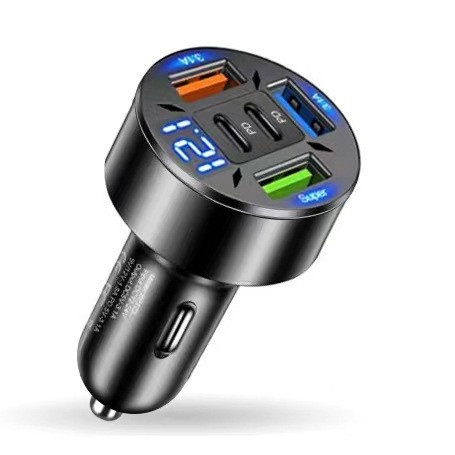 Incarcator auto cu 2 porturi PD/Type C si 3 porturi USB, maxim 3.1A, afisaj LED, negru