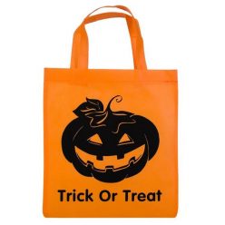   Punga de Halloween "Trick or Treat" portocalie cu dovleac negru, 28 x 32 cm