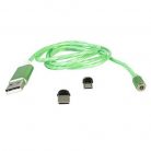 Cablu de incarcare JXL-219, 2 capete magnetice (Type-C, Micro USB), flux luminos, verde