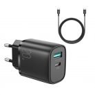 Incarcator casa Joyroom L-QP2011, cablu Type-C inclus, 20W, 1xUSB-C, 1xUSB-A, PD, QC 3.0, negru