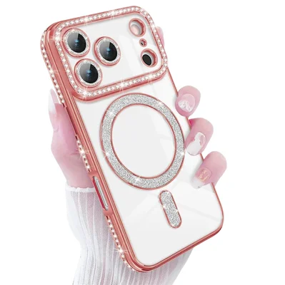 Husa Apple iPhone 17 Pro Max, Electroplating Bling Magsafe, protectie camera, margini rose gold