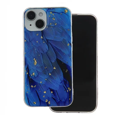 Husa Apple iPhone 15, Gold Glam Blue Feathers