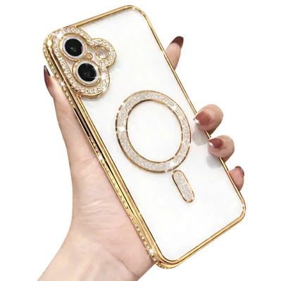 Husa Apple iPhone 16, Electroplating Bling Magsafe, protectie camera, margini aurii