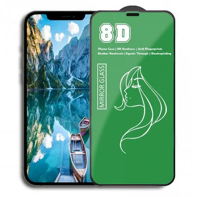 Folie de sticla Apple iPhone 15 Plus, Full Glue 8D Mirror Glass, efect oglinda, reflexie verde, margini negre
