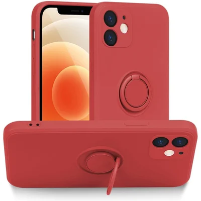Husa Apple iPhone 12, Ring Silicone, suport sustinere rotativ, catifea in interior, rosie