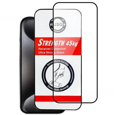 Folie de sticla Apple iPhone 15 Pro Max, Full Glue USG, rezistenta 45 kg, margini negre