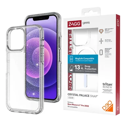 Husa protectie iPhone 15 Pro, ZAGG Gear Case, ShockProof, Clear/Glitter