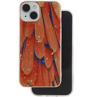 Husa Apple iPhone 15, Gold Glam, Orange Feathers