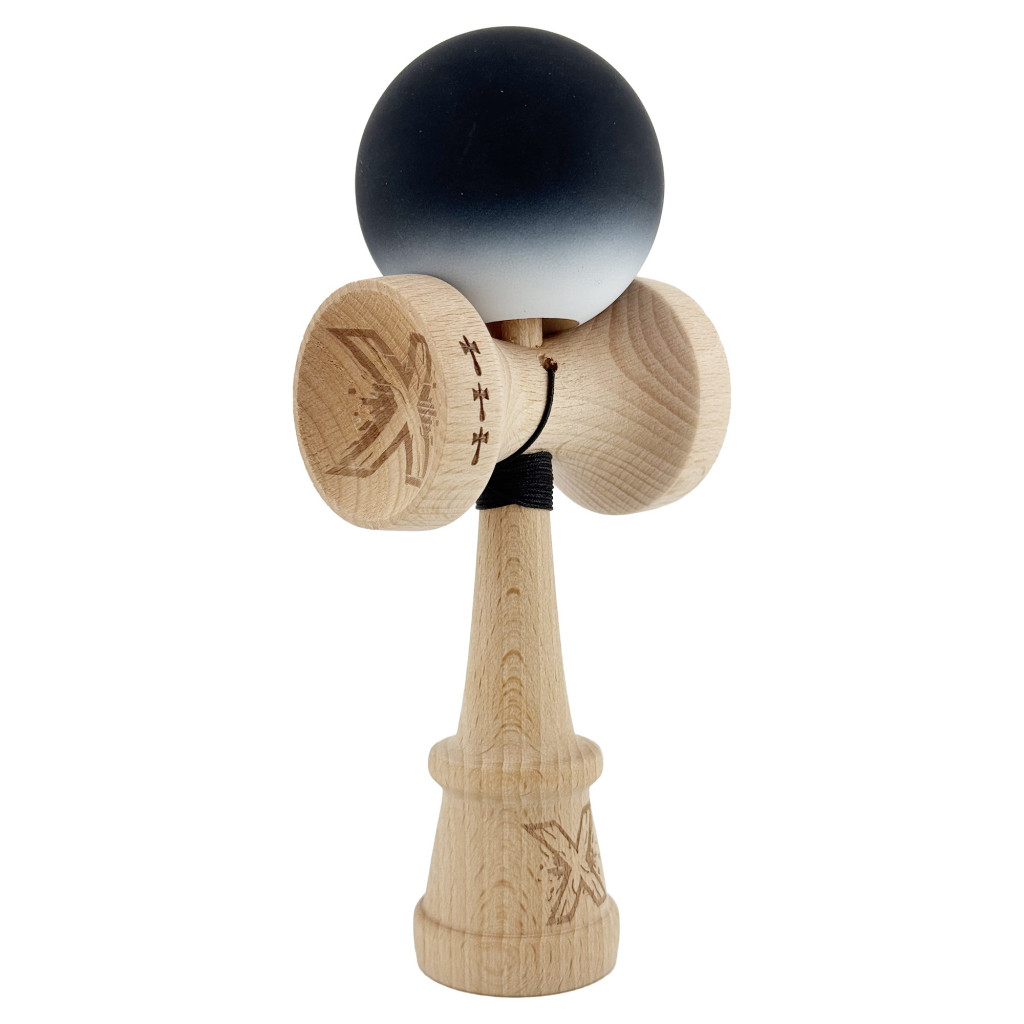 Jucarie lemn Kendama X, Rubber Grip, cupe mari V3, gaura in basecup, rulment, ata rezerva, negru/alb 2