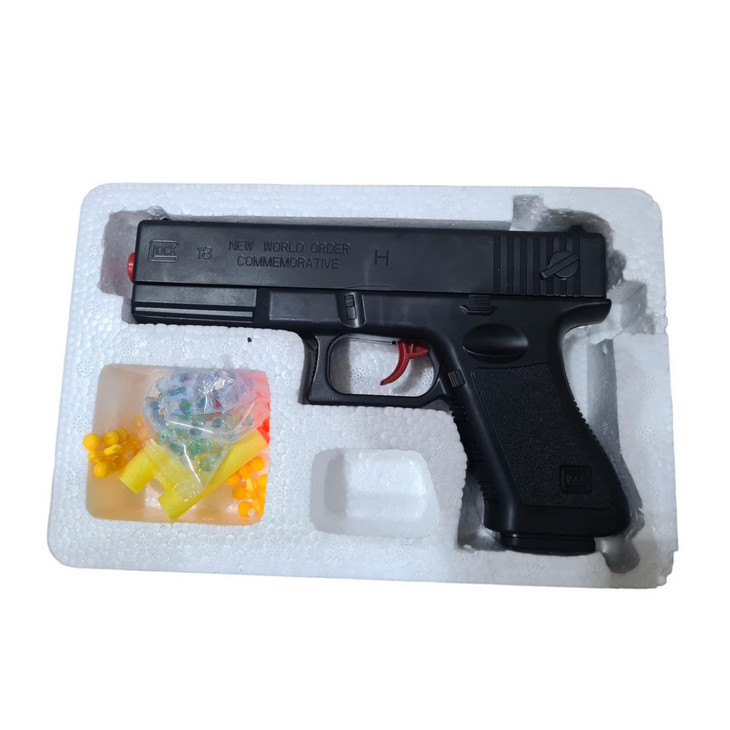 Pistol de jucarie tip Glock 18, incarcare manuala, 18 cm, 3 gloante moi din spuma cu ventuza, bile de gel orbeez si bile flexibile de silicon, negru lucios 2