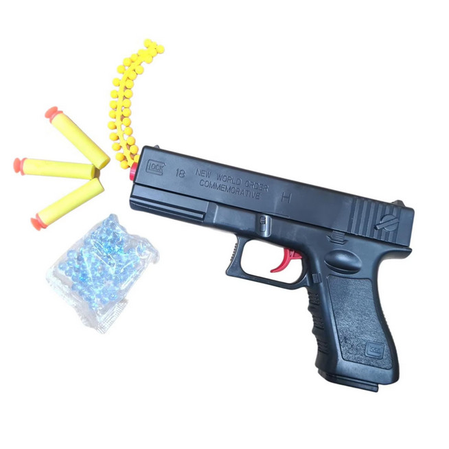 Pistol de jucarie tip Glock 18, incarcare manuala, 18 cm, 3 gloante moi din spuma cu ventuza, bile de gel orbeez si bile flexibile de silicon, negru lucios 4
