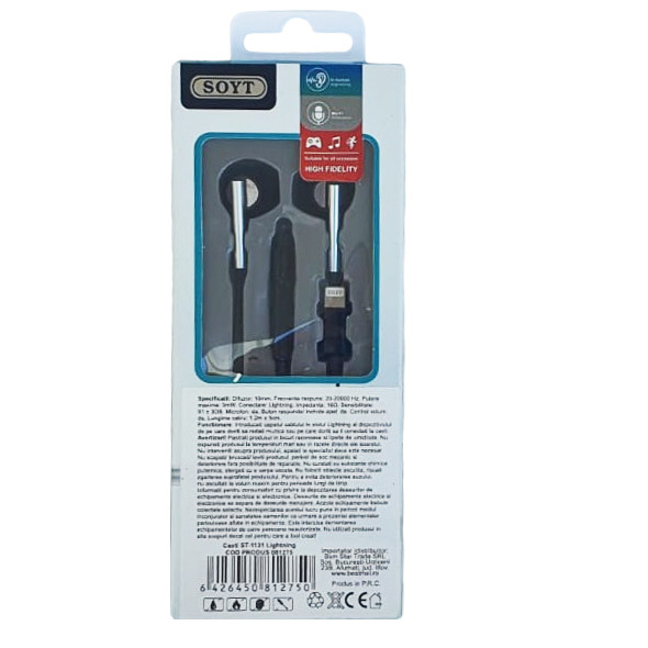 Casti audio cu microfon SOYT ST-1131, conector Lightning pentru iPhone/iPad, negre 2