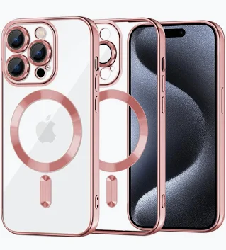 Husa Apple iPhone 15 Pro, Magsafe Electroplating TPU, protectie camera, margini rose gold