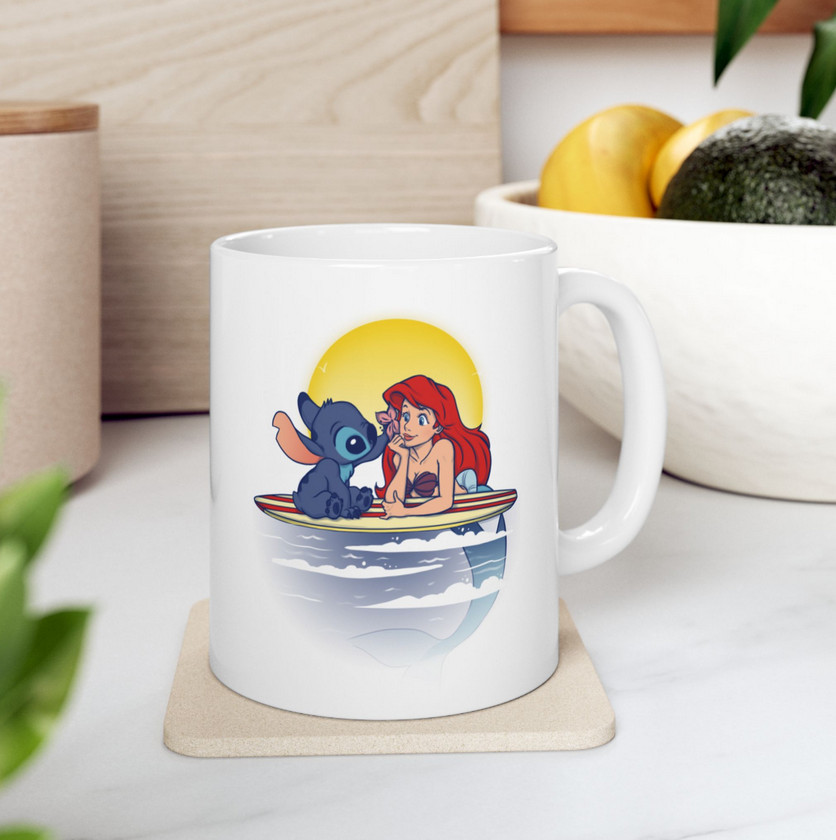Cana ceramica personalizata, design Stitch si Sirena, 330 ml, alba 2