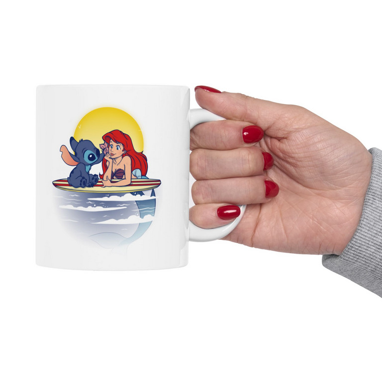Cana ceramica personalizata, design Stitch si Sirena, 330 ml, alba 5