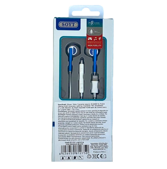 Casti audio cu microfon SOYT ST-1131, conector Lightning pentru iPhone/iPad, alb/albastru 2
