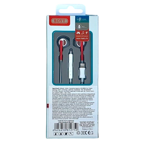 Casti audio cu microfon SOYT ST-1131, conector Lightning pentru iPhone/iPad, alb/rosu 2