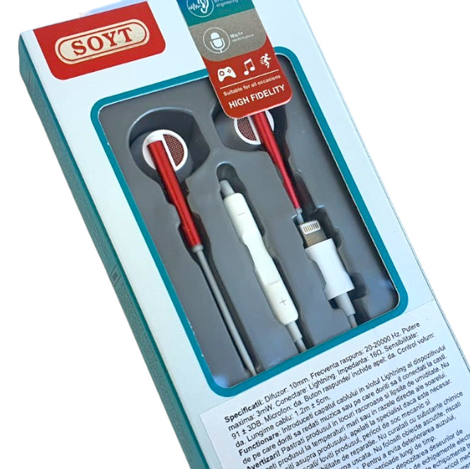 Casti audio cu microfon SOYT ST-1131, conector Lightning pentru iPhone/iPad, alb/rosu 3