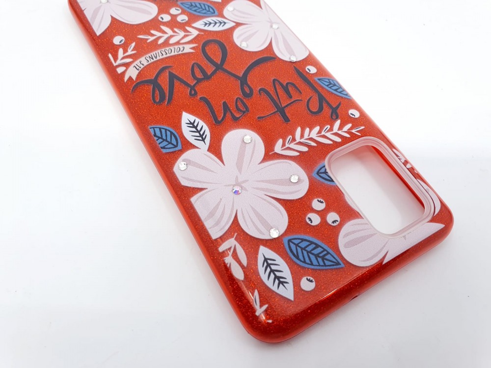 Husa Flowers Glitter pentru Samsung Galaxy S20 Ultra, cu mesaj, rosie 2