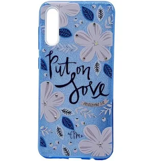 Husa Flowers Glitter pentru Apple iPhone 6 / 6S, cu mesaj, albastra