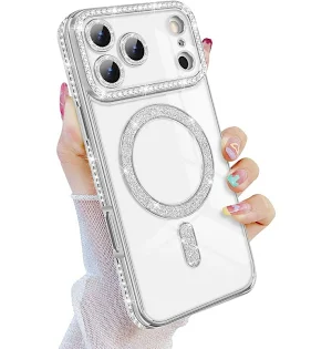 Husa Apple iPhone 17, Electroplating Bling Magsafe, protectie camera, argintie