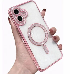 Husa Apple iPhone 16, Electroplating Bling Magsafe, protectie camera, margini roz